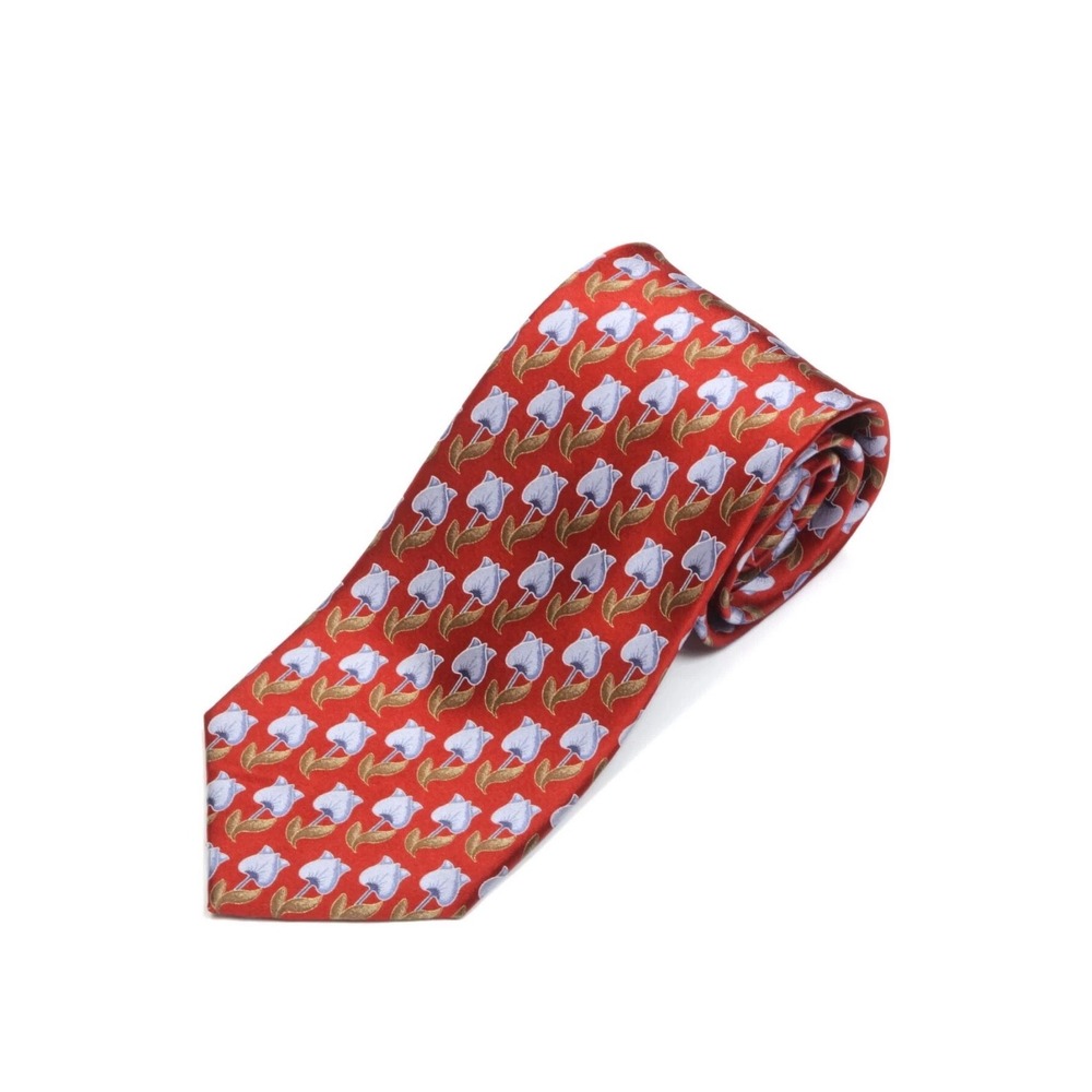 Ermenegildo Zegna Mens Red Silk Tulip Floral Pattern Necktie‎ Made in Italy
